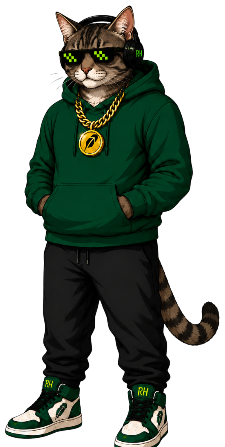 Luck In The Hood mascot wearing a green hoodie, sunglasses, and headphones